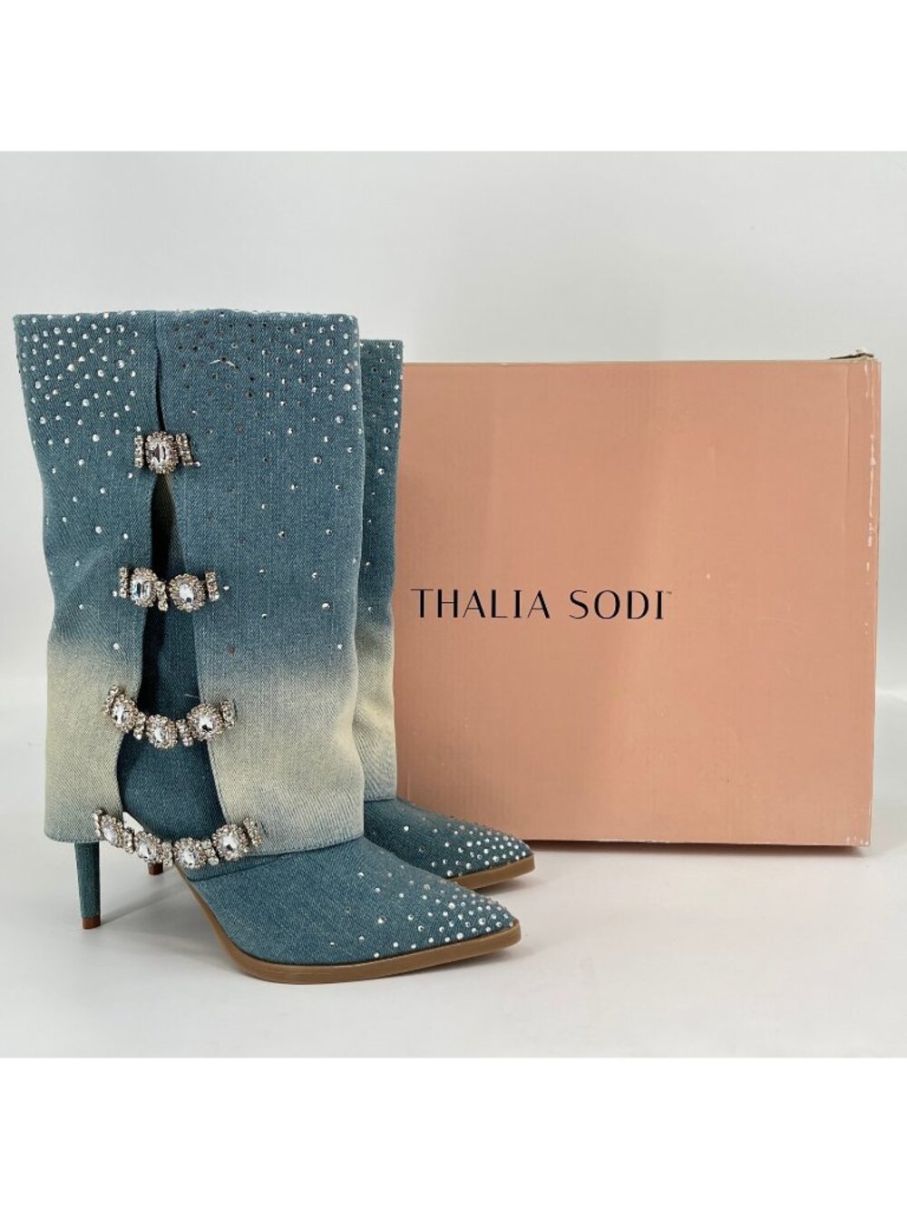 Thalia Sodi Nami Boots Blue Size 8.5M Denim Rhinestone Pointed Toe Stiletto Zip